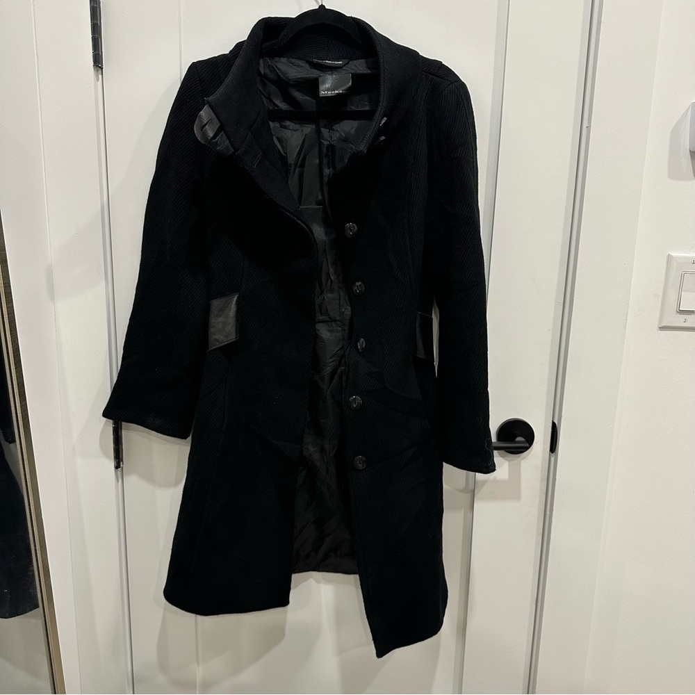 MACKAGE VINTAGE COAT WOOL LEATHER TRIM BELTED JACKET BLACK SIZE PS - Picture 6 of 14